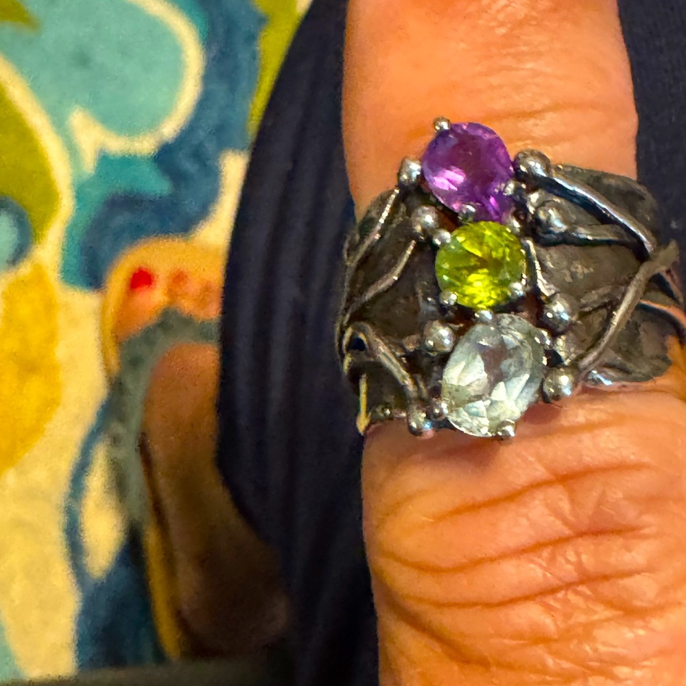 Sterling silver ring with amethyst, peridot and blue topaz stones